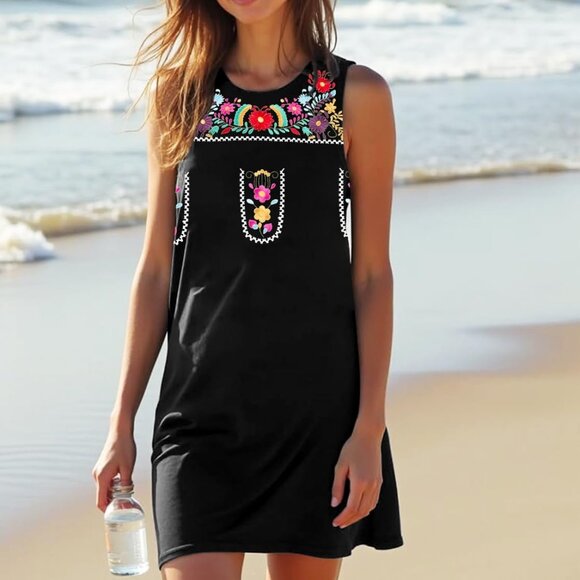 Women Mexican Embroidered Summer Boho Sleeveless Sundress Large - Picture 6 of 8